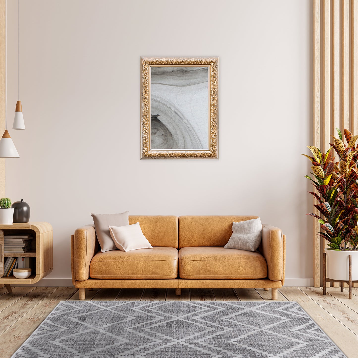 Modern bright living room with light brown leather sofa, grey Smyrna Stripes Rug, red and orange plants, large grey wall art