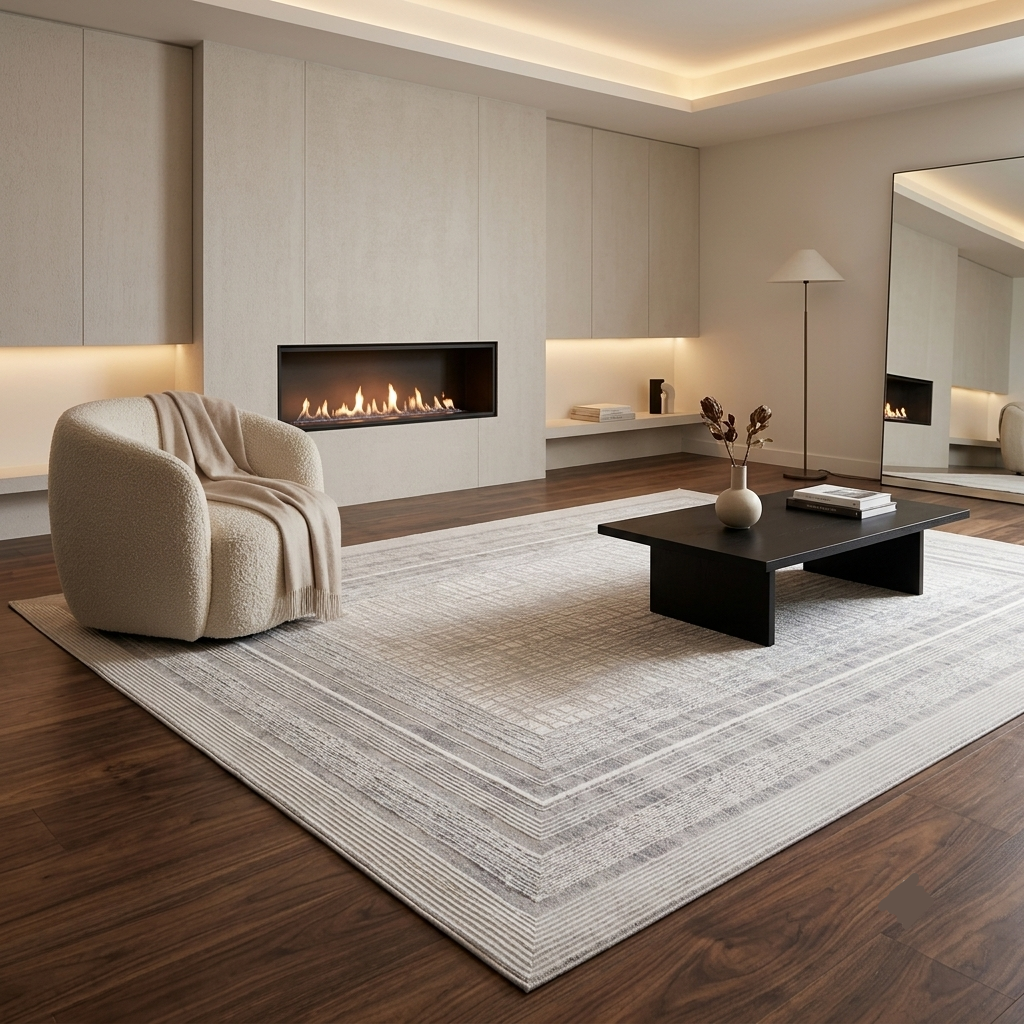 A modern living room featuring a large light gray and beige patterned area rug on dark wood floors, with a cream boucle armchair, a black coffee table, and a built-in linear fireplace in the background.