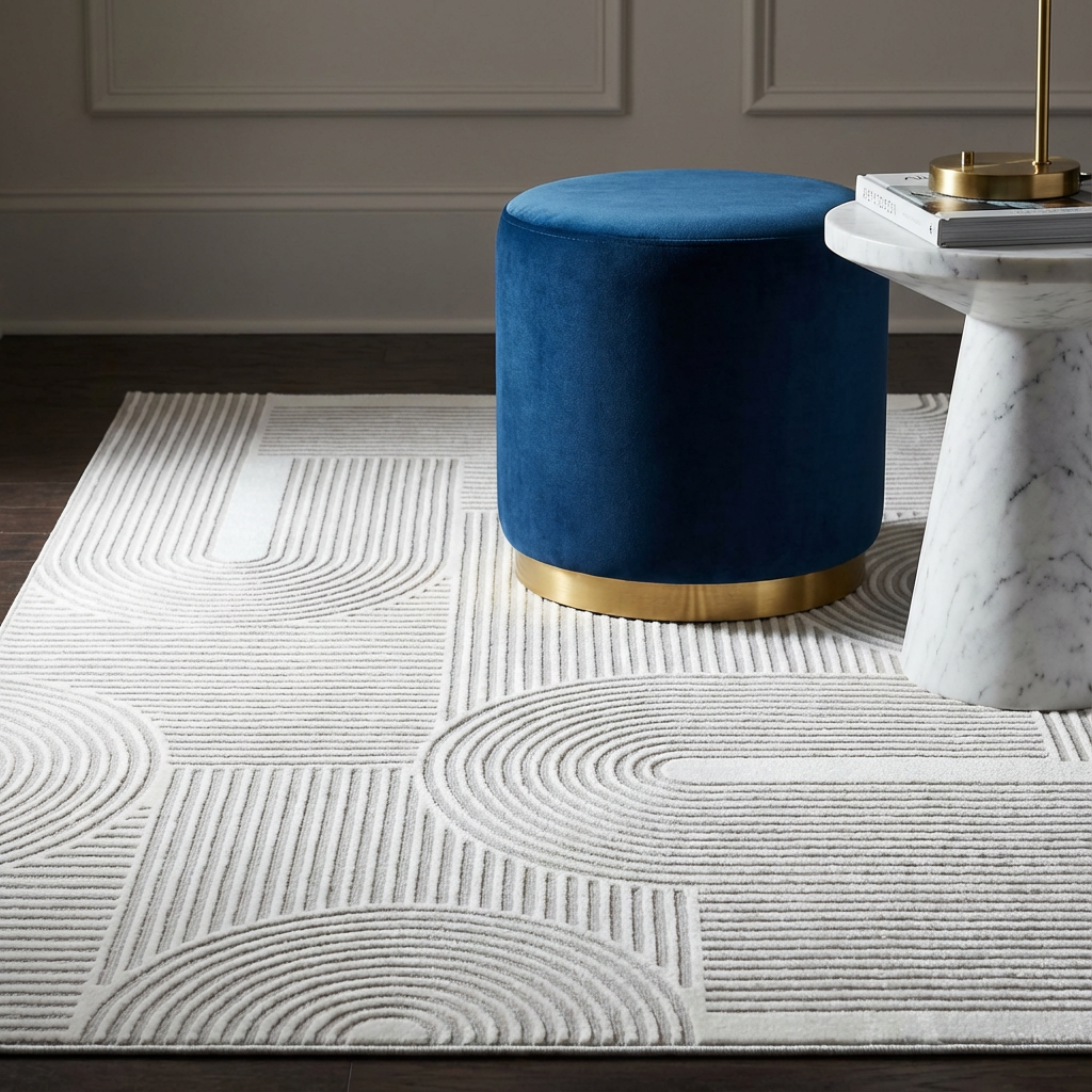 Blue velvet ottoman on a patterned rug with a neutral wall background