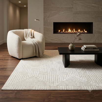 A modern living room scene featuring a large cream and beige textured area rug on dark wood floors, styled with a cream boucle armchair, a black coffee table, and a built-in linear fireplace against a stone wall.