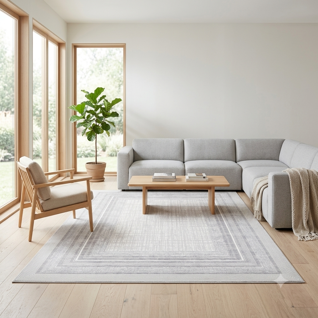 A light gray area rug with a subtle geometric border pattern is styled in a bright, modern living room with a light gray sectional sofa, wooden coffee table, and a potted fiddle-leaf fig plant.