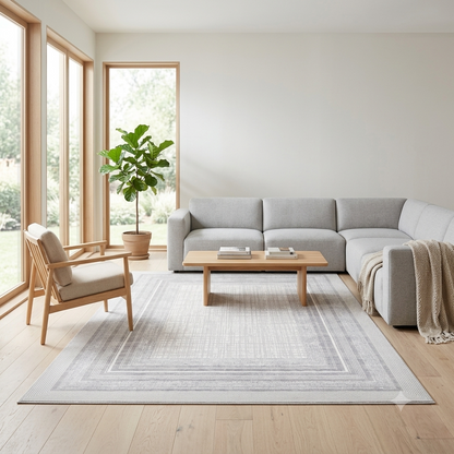 A light gray area rug with a subtle geometric border pattern is styled in a bright, modern living room with a light gray sectional sofa, wooden coffee table, and a potted fiddle-leaf fig plant.