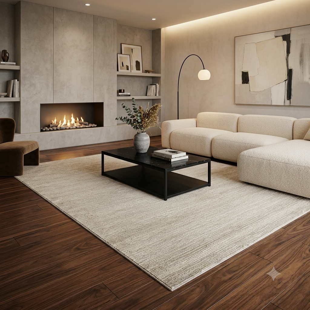 A modern living room featuring a large, textured light beige area rug on dark wood flooring, styled with a cream sectional sofa, a black coffee table, and a built-in fireplace.