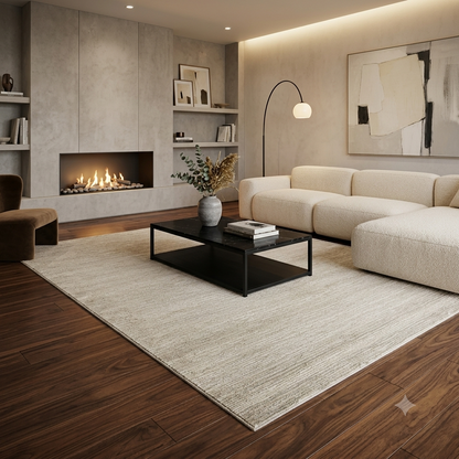 A modern living room featuring a large, textured light beige area rug on dark wood flooring, styled with a cream sectional sofa, a black coffee table, and a built-in fireplace.