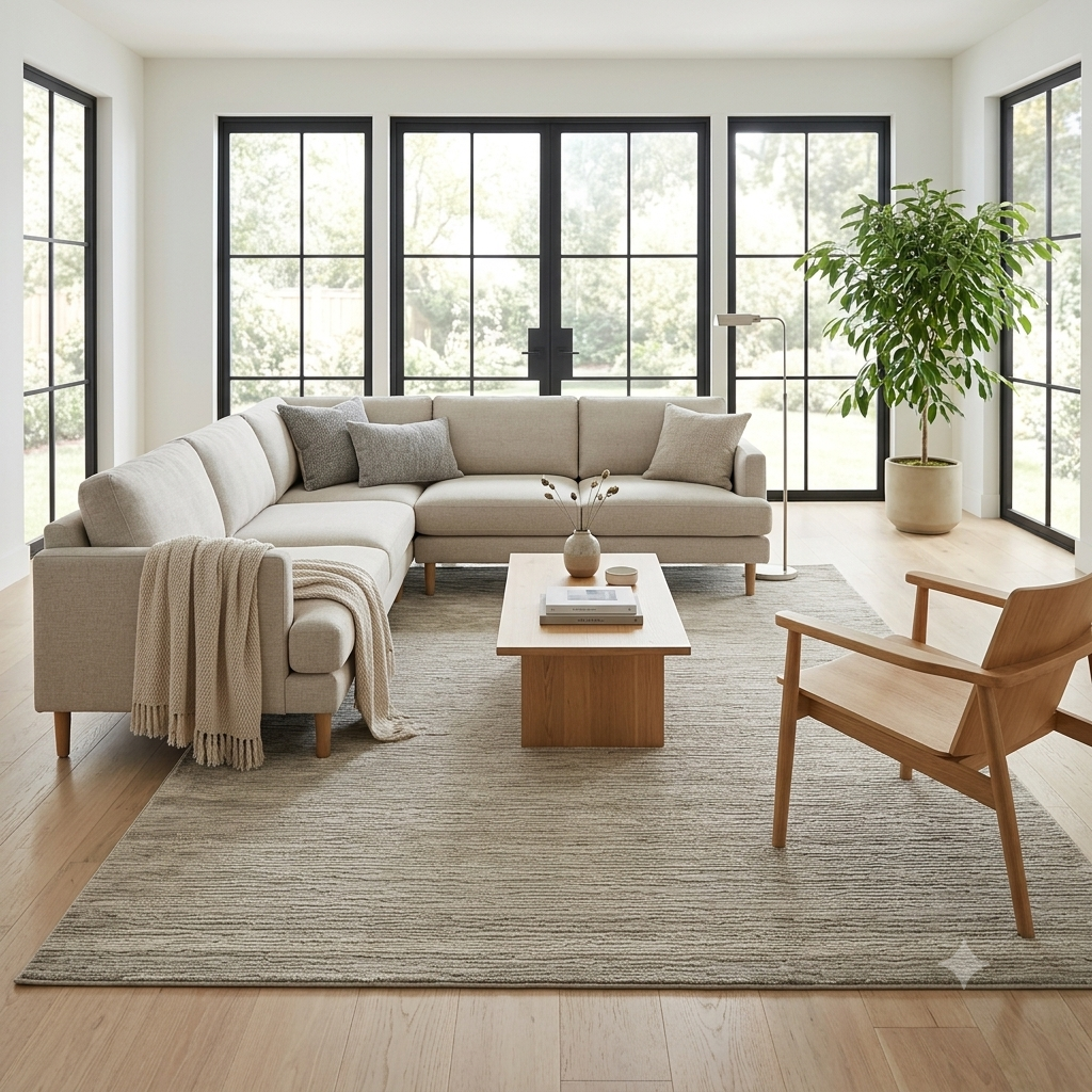 A modern living room featuring a light beige sectional sofa, a matching textured area rug, a wooden coffee table, and a mid-century style wooden armchair. The room is styled with a large potted plant and is framed by tall black-framed windows.