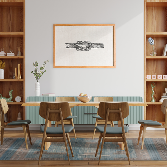 Bodrum Area Rug in a modern minimalist dining room with blue and oak furniture