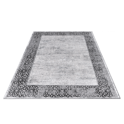 Rectangle Grey Mandala Area Rug with black motifs at the edges