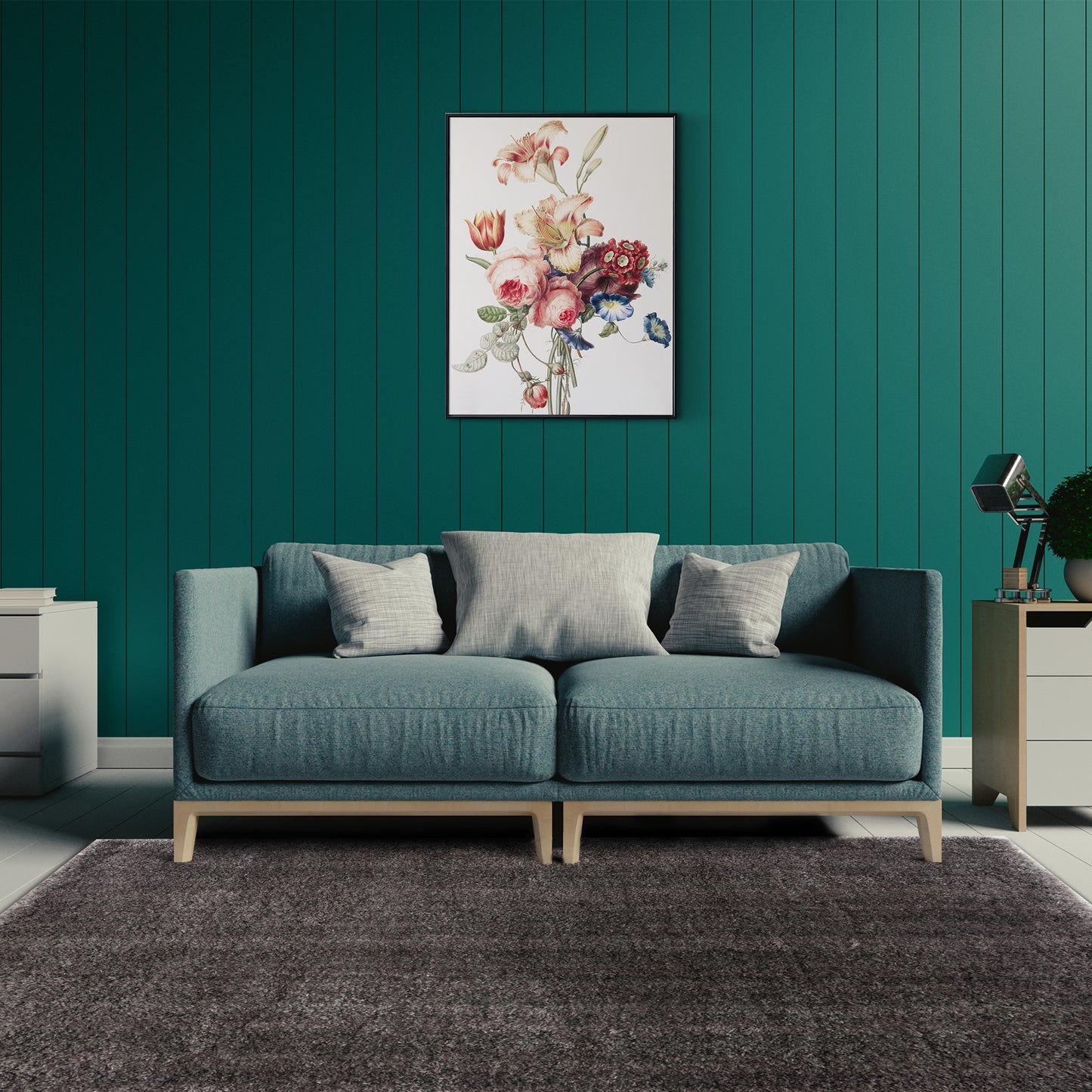 Green Scandinavian living room with Grey Shag Rug, green sofa, side tables and floral wall art