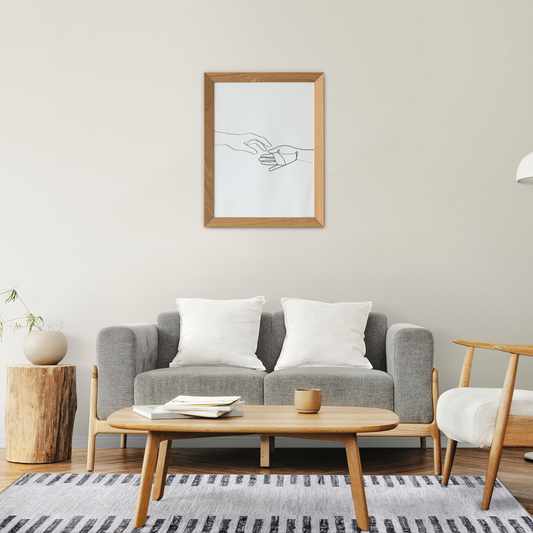 Minimalist neutral decorated living room with grey sofa, wooden accent furniture and Grey Striped Rug