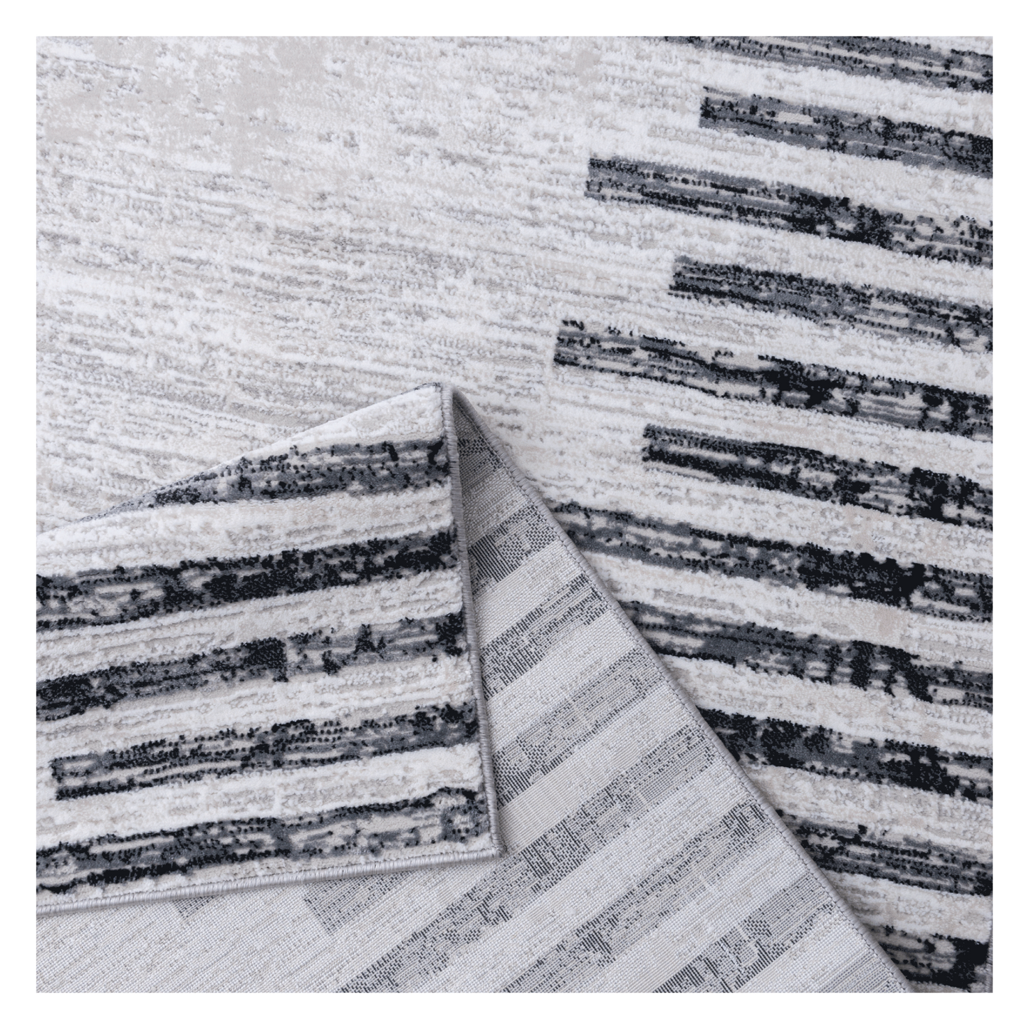 Folded Grey Striped Rug and the cotton backing