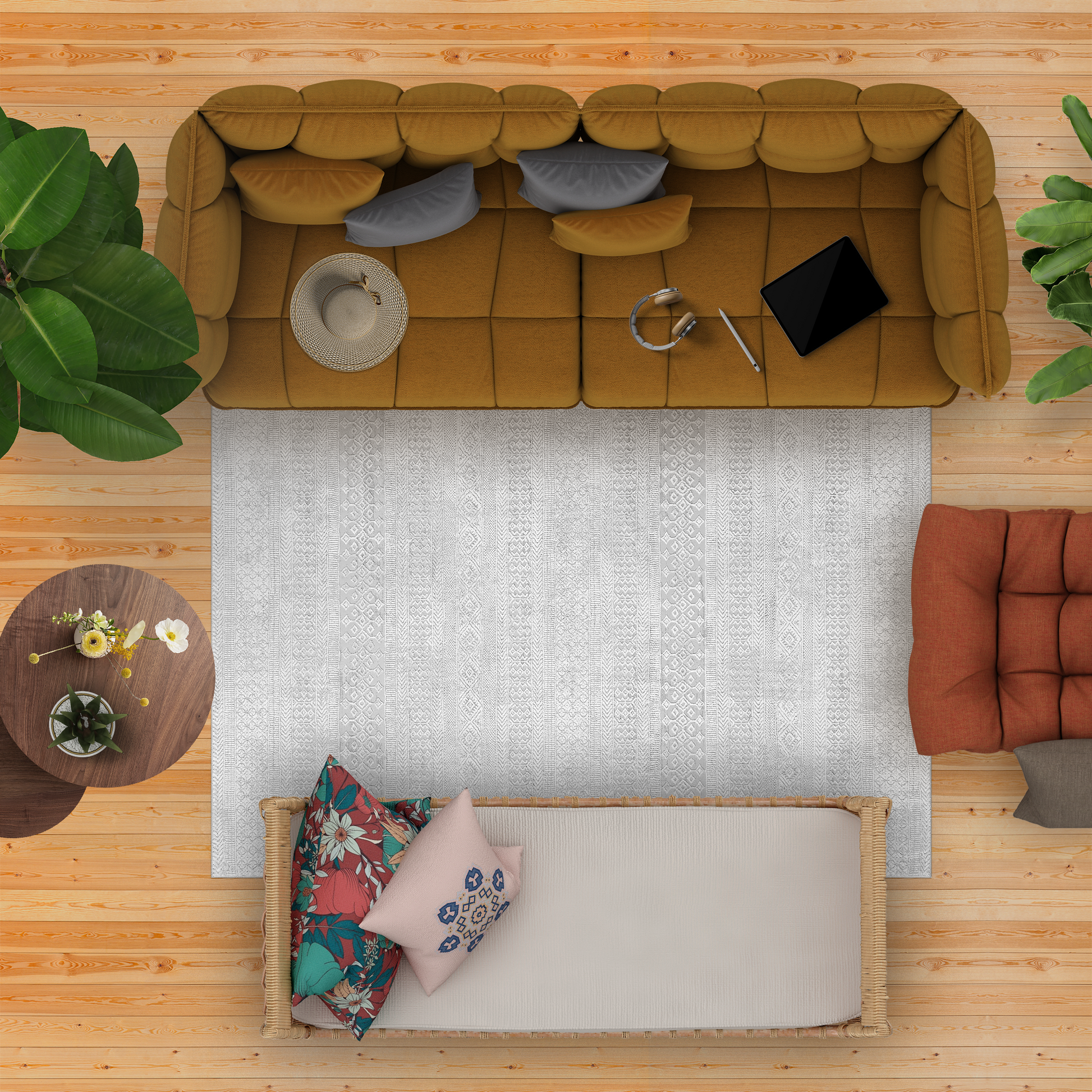 Cozy, bohemian living room with brown and mustard coloured sofas, wooden accent tables, big plant and Tribal Ivory Rug