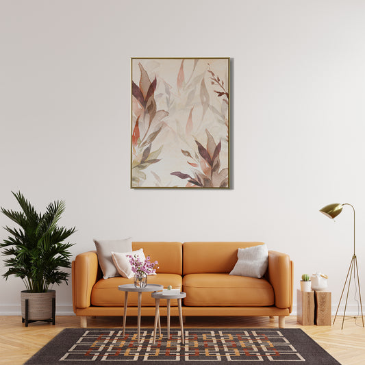 Tufted Squares Rug in front of vibrant brown leather sofa in a modern minimalist living room with brass floor lamp, pastel artwork, plants
