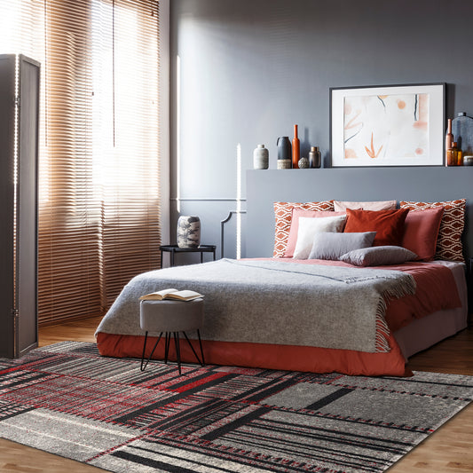 Dark modern bedroom with grey and red bedding, Twist Stripes Rug